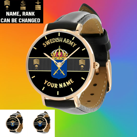 Personalized Sweden Soldier/ Veteran With Name And Rank Black Stitched Leather Watch - 0703240001 - Gold Version