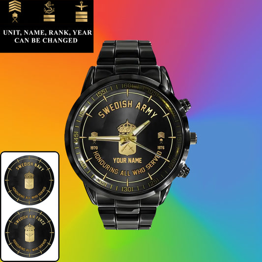 Personalized Sweden Soldier/ Veteran With Name, Rank and Year Black Stainless Steel Watch - 26042401QA - Gold Version