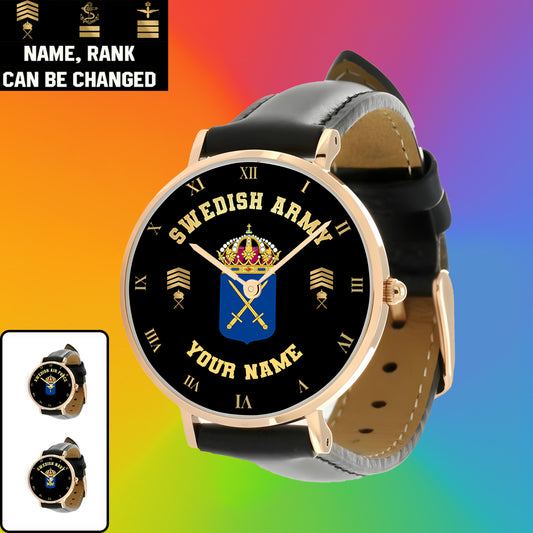 Personalized Sweden Soldier/ Veteran With Name And Rank Black Stitched Leather Watch - 0803240001 - Gold Version