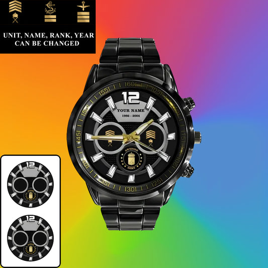 Personalized Sweden Soldier/ Veteran With Name, Rank and Year Black Stainless Steel Watch - 27042401QA - Gold Version