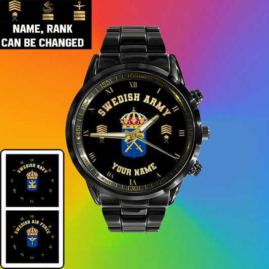 Personalized Sweden Soldier/ Veteran With Name  And Rank Black Stainless Steel Watch - 0803240001 - Gold Version