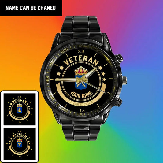 Personalized Sweden Soldier/ Veteran With Name Black Stainless Steel Watch - 1103240001 - Gold Version