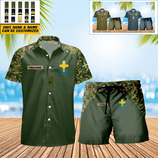 Personalized Sweden Soldier/ Veteran Camo With Rank Combo Hawaii Shirt + Short 3D Printed - 1010230001QA