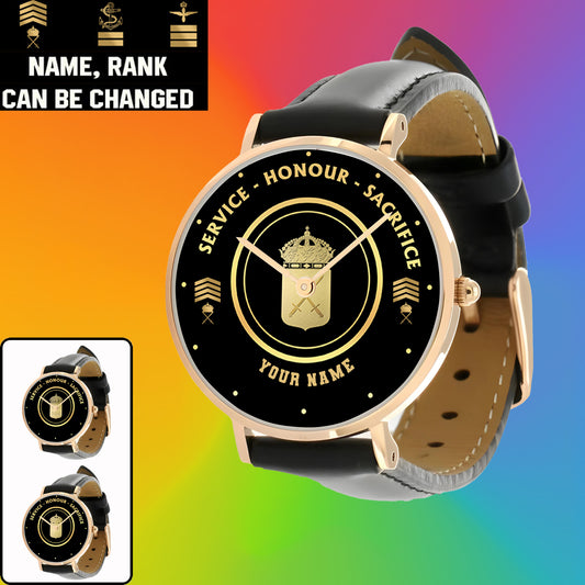 Personalized Sweden Soldier/ Veteran With Name, Rank Black Stitched Leather Watch - 2603240001 - Gold Version