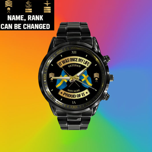 Personalized Sweden Soldier/ Veteran With Name and Rank Black Stainless Steel Watch - 03052401QA - Gold Version