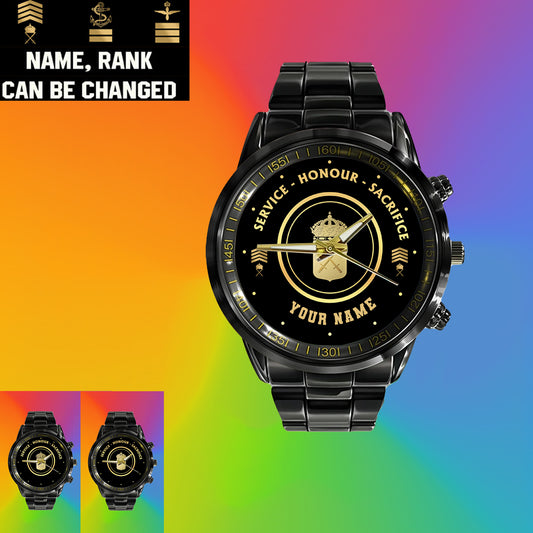 Personalized Sweden Soldier/ Veteran With Name And Rank Black Stainless Steel Watch - 2603240001 - Gold Version
