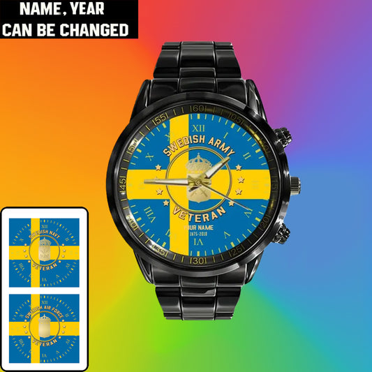 Personalized Sweden Soldier/ Veteran With Name And Rank Black Stainless Steel Watch - 0204240001 - Gold Version