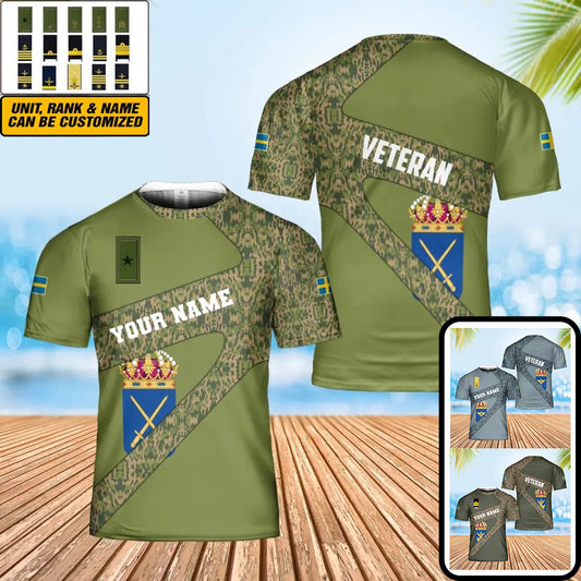 Personalized Sweden Soldier/ Veteran Camo With Name And Rank T-shirt 3D Printed  - 3001240001