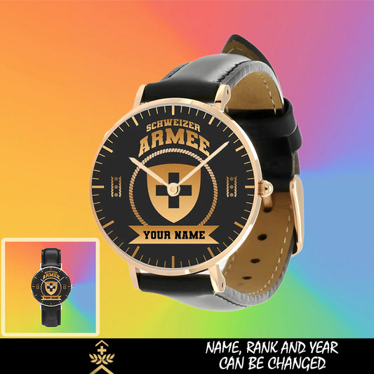 Personalized Swiss Soldier/ Veteran With Name, Rank and Black Stitched Leather Watch - 17424288 - Gold Version