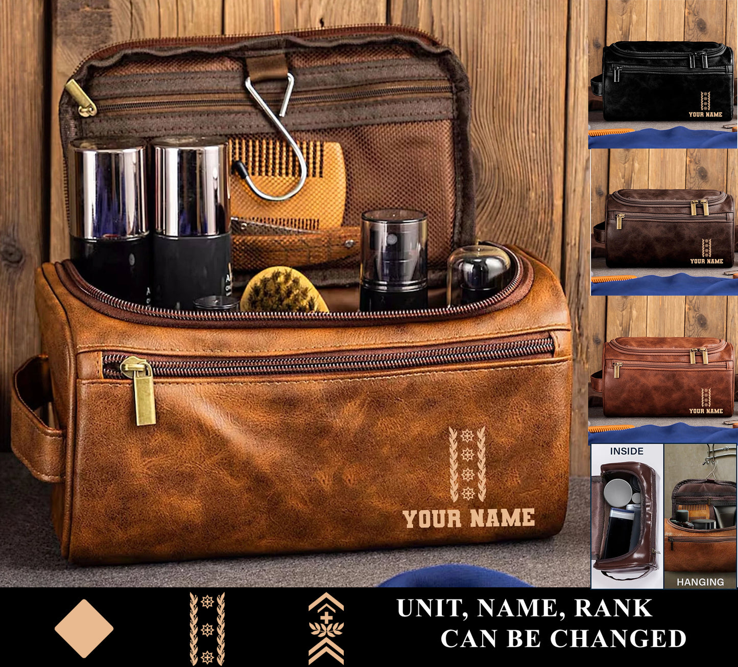 Personalized Swiss Soldier/ Veteran With Name And Rank Leather Toiletry Bag - 17555616