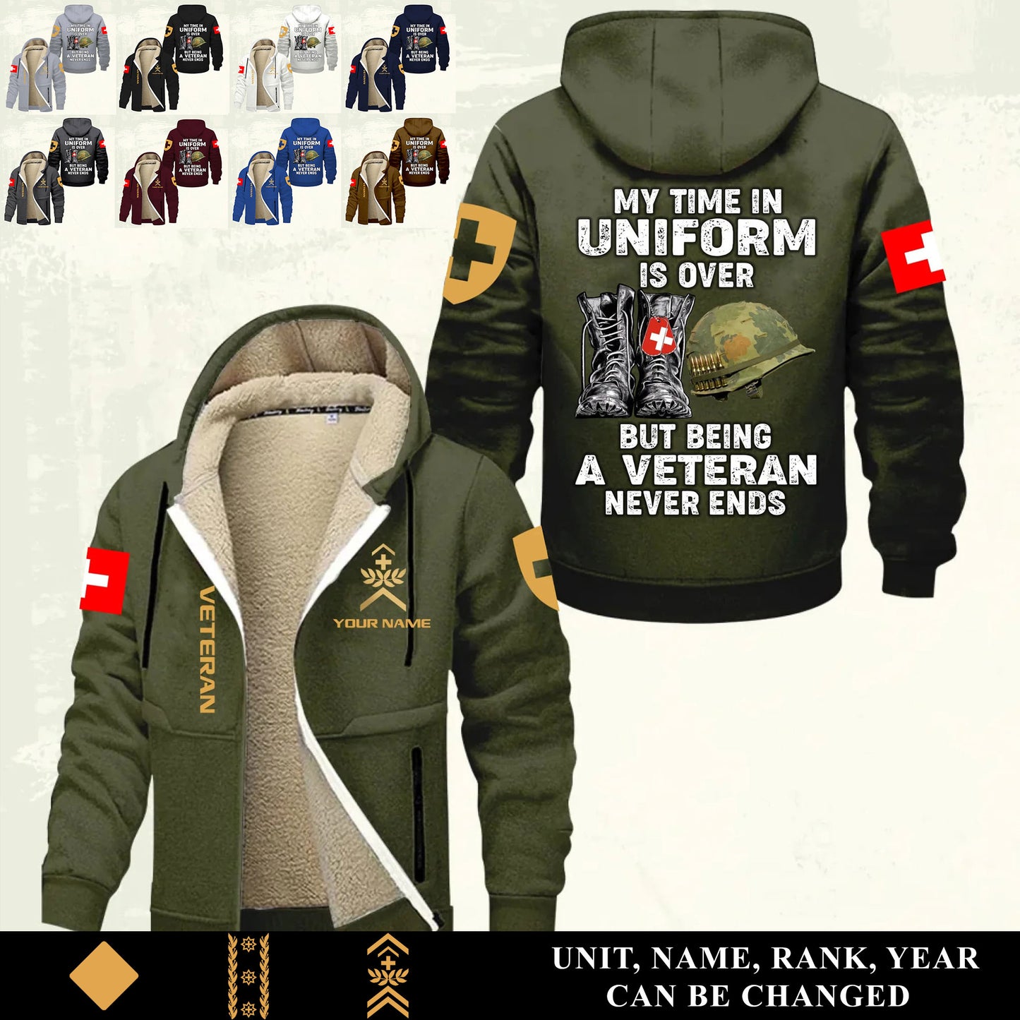 Personalized Swiss Soldier/ Veteran With Name And Rank Hoodie Zip Velvet Coat - 17551296