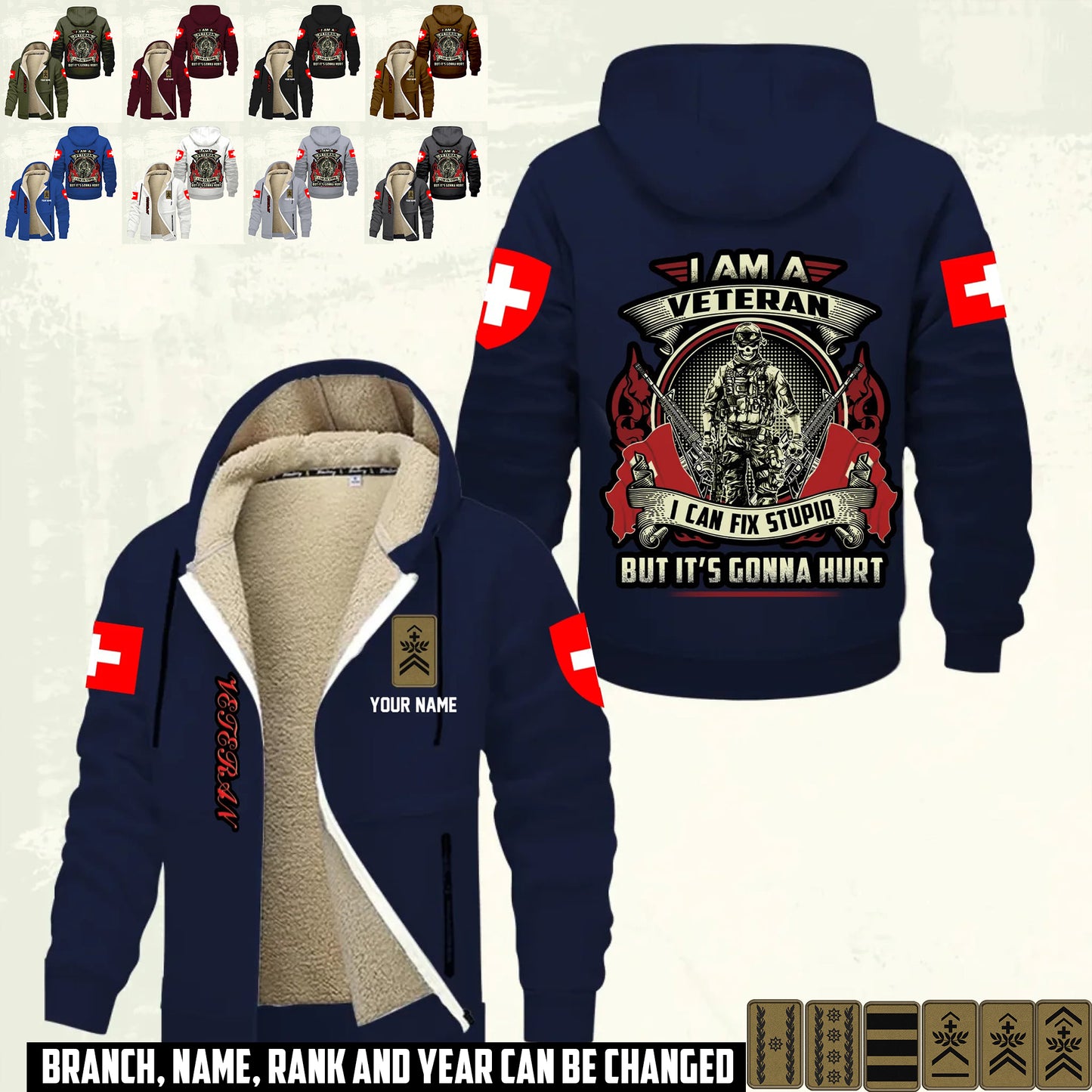 Personalized Swiss Soldier/ Veteran With Name And Rank Hoodie Zip Velvet Coat - 17552160