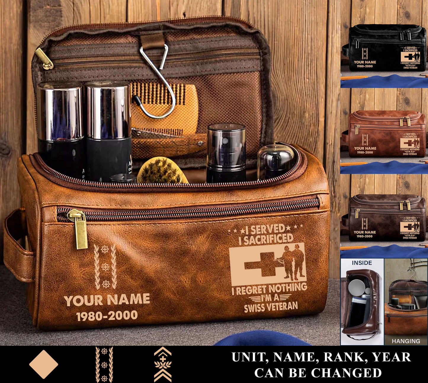 Personalized Swiss Soldier/ Veteran With Name And Rank Leather Toiletry Bag - 17591040