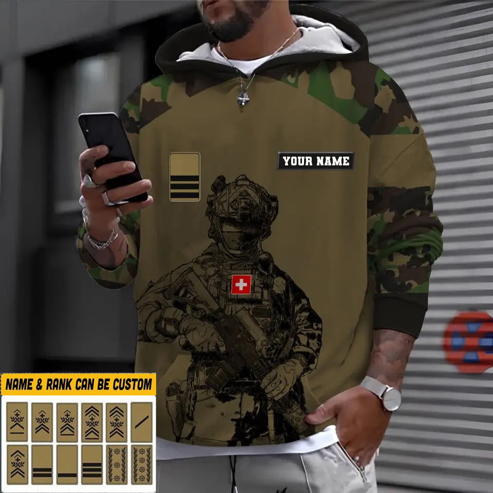 Sweat à capuche personnalisé avec camouflage soldat/vétéran suisse avec nom et grade imprimé en 3D - 17023392