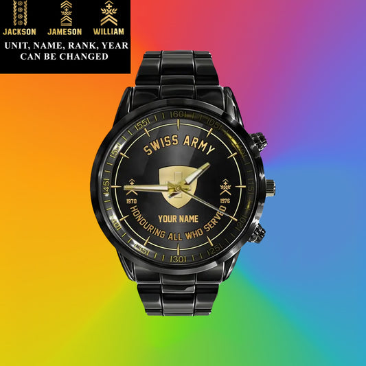 Personalized Swiss Soldier/ Veteran With Name, Rank and Year Black Stainless Steel Watch - 26042401QA - Gold Version