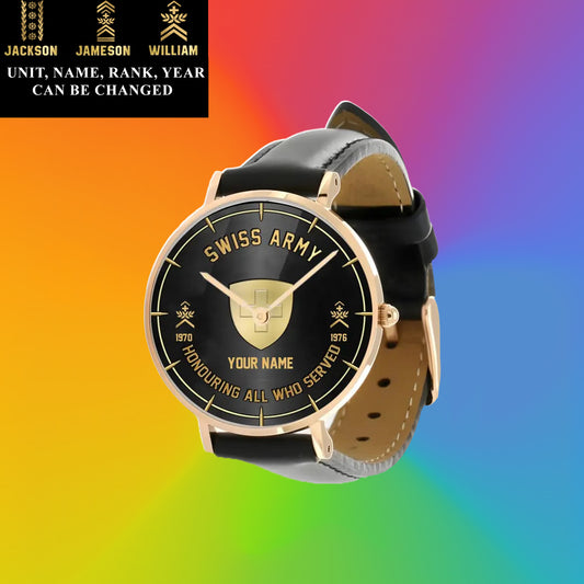 Personalized Swiss Soldier/ Veteran With Name, Rank and Year Black Stitched Leather Watch - 26042401QA - Gold Version