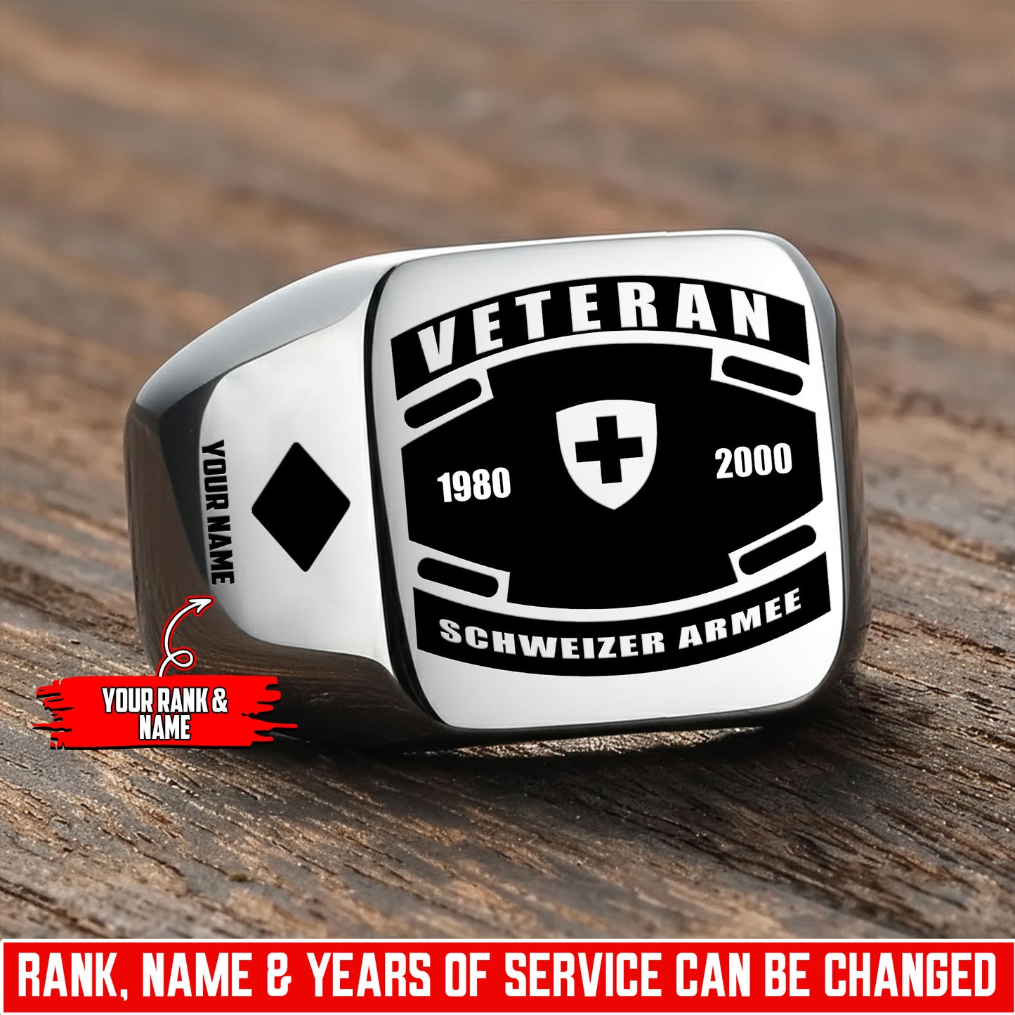 Personalized Swiss Soldier/Veteran with Name, Year and Rank Engraved Men’s Ring - 17647200