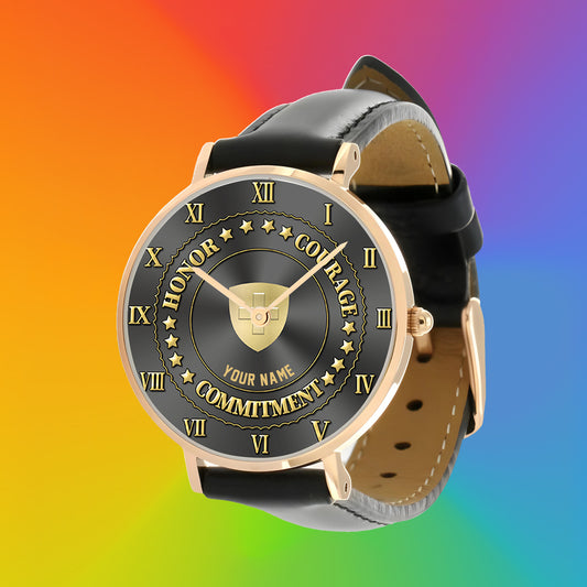 Personalized Swiss Soldier/ Veteran With Name Black Stitched Leather Watch - 2203240001 - Gold Version