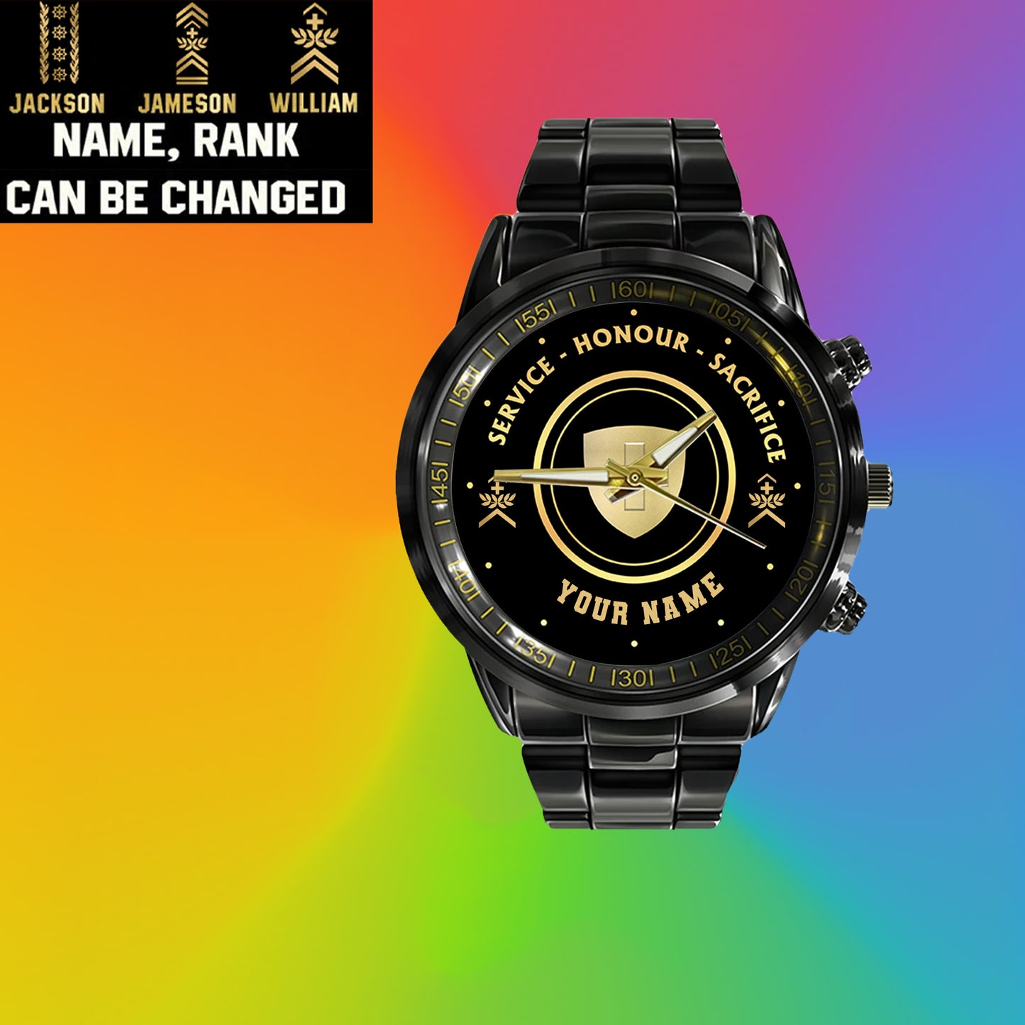 Personalized Swiss Soldier/ Veteran With Name And Rank Black Stainless Steel Watch - 17114112 - Gold Version