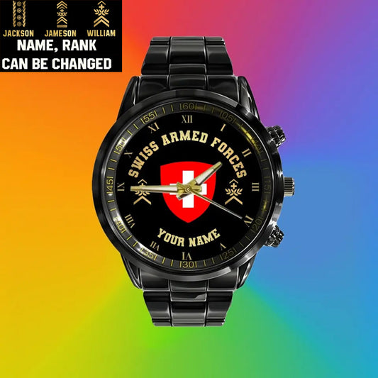 Personalized Swiss Soldier/ Veteran With Name And Rank Black Stainless Steel Watch - 17110656 - Gold Version