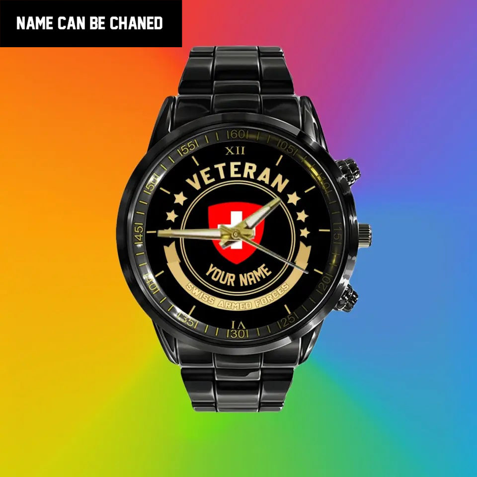 Personalized Swiss Soldier/ Veteran With Name Black Stainless Steel Watch - 17101152 - Gold Version