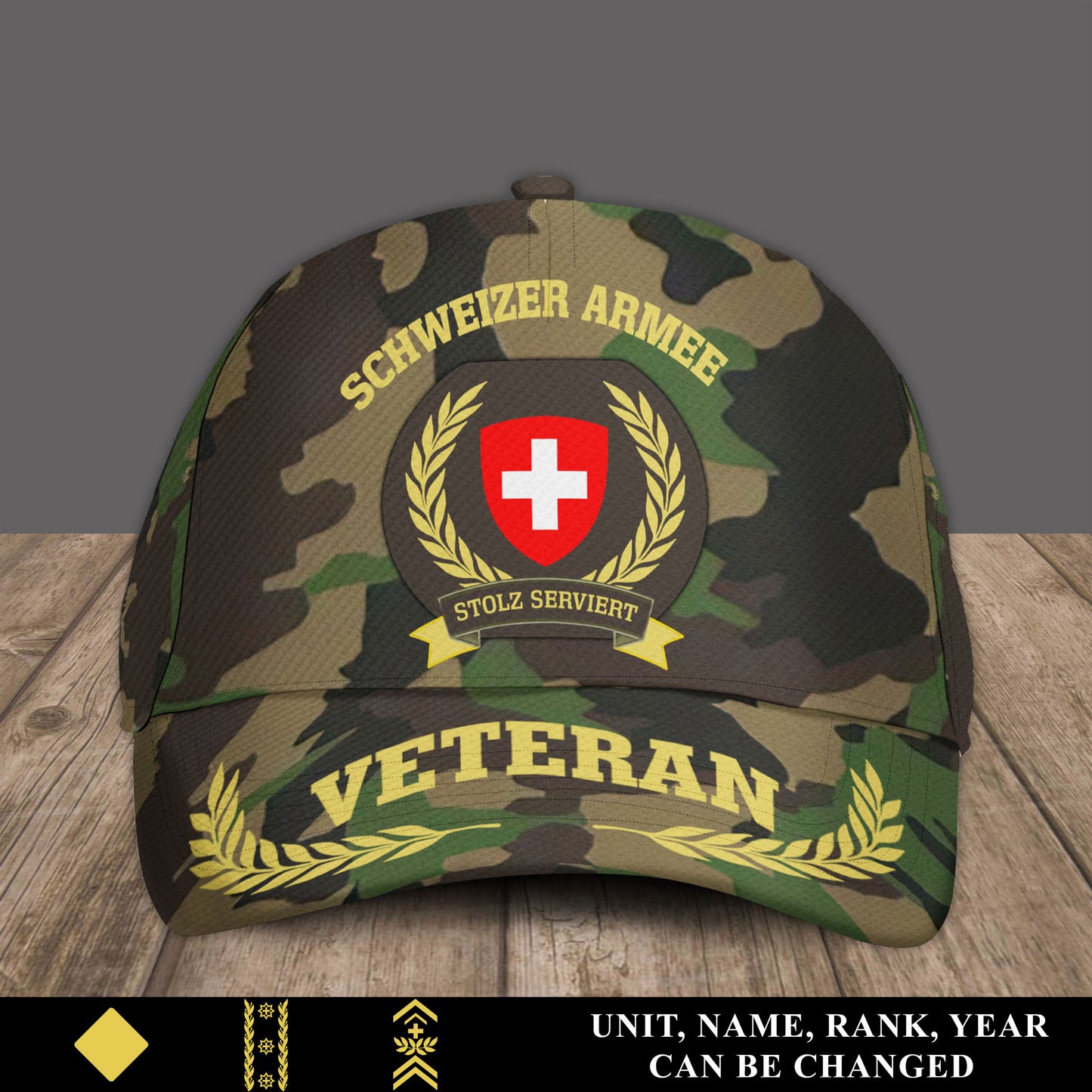 Personalized Rank, Year And Name Swiss Soldier/Veterans Camo Baseball Cap - 17535744