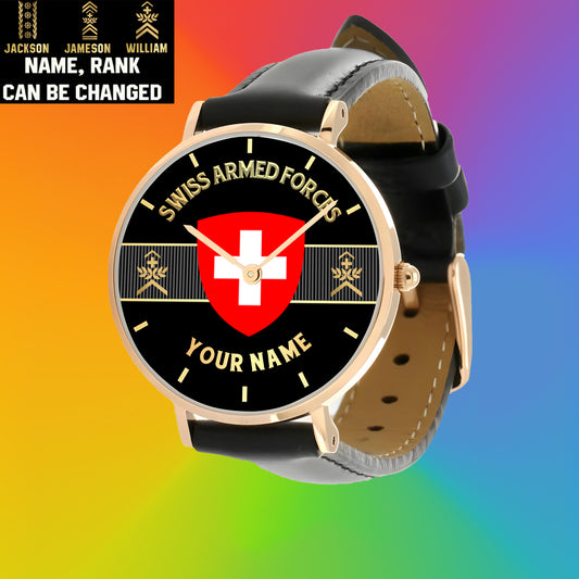 Personalized Swiss Soldier/ Veteran With Name And Rank Black Stitched Leather Watch - 0703240001 - Gold Version