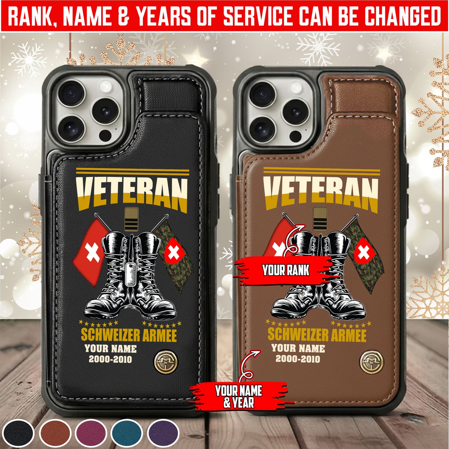 Personalized Swiss Soldier/Veteran Camo with Name, Rank and Year Leather Flip Phone Case - 17648928
