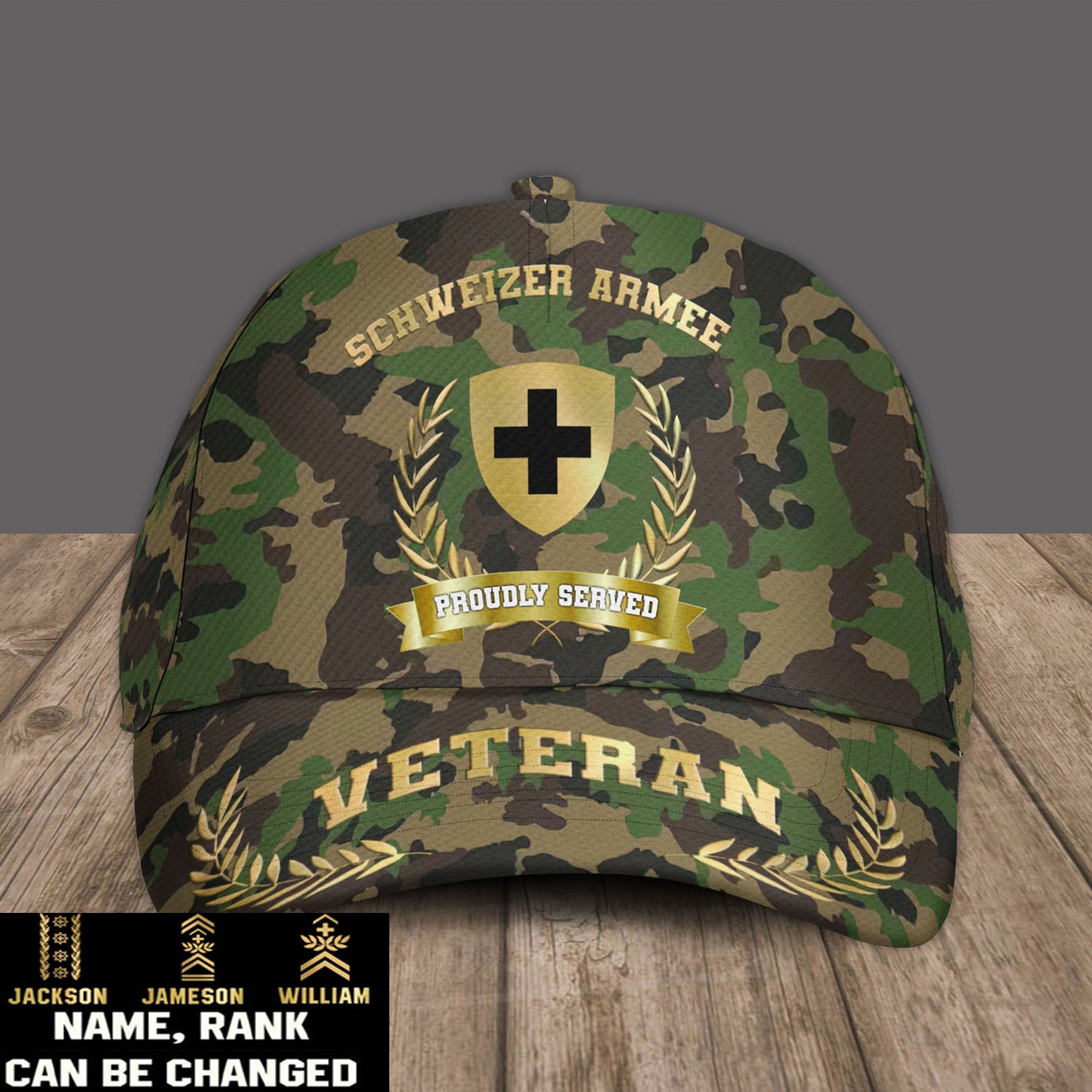 Personalized Rank, Year And Name Swiss Soldier/Veterans Camo Baseball Cap - 17534016