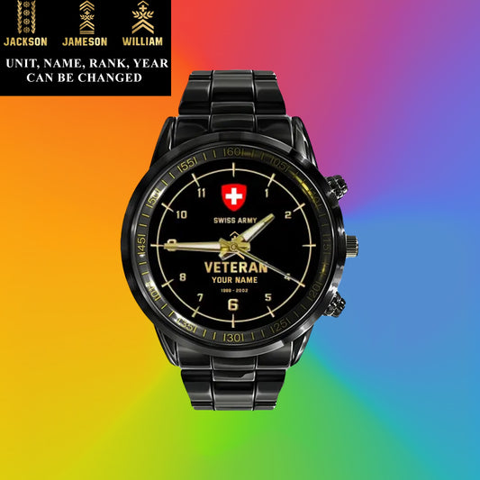 Personalized Swiss  Soldier/ Veteran With Name, Rank and Year Black Stainless Steel Watch - 03052402QA - Gold Version