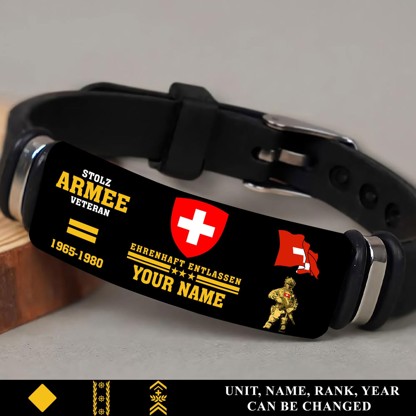 Personalized Swiss Soldier/ Veteran With Rank, Name And Year Bracelet - 17538336