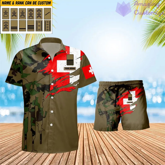 Personalized Swiss Soldier/ Veteran Camo With Rank Combo Hawaii Shirt + Short 3D Printed - 1011230001QA