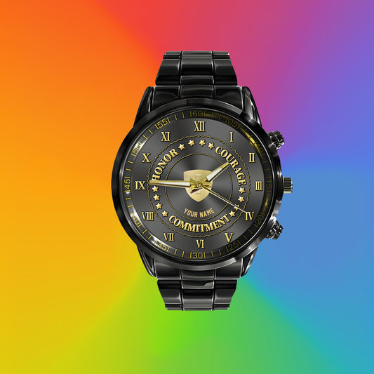 Personalized Swiss Soldier/ Veteran With Name Black Stainless Steel Watch - 17110656- Gold Version