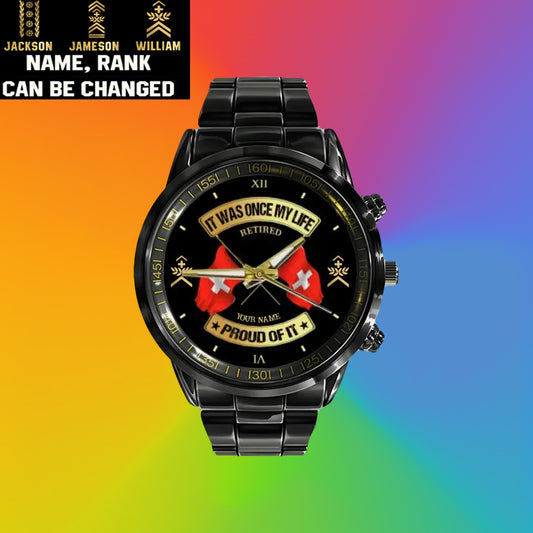Montre personnalisée en acier inoxydable noir pour soldat/vétéran suisse avec nom et grade - 03052401QA - Version dorée