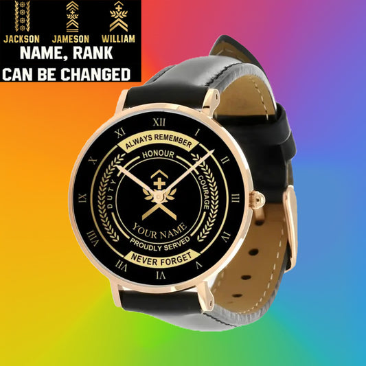 Personalized Swiss Soldier/ Veteran With Name, Rank Black Stitched Leather Watch - 0603240002 - Gold Version