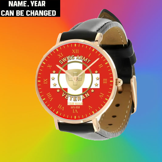Personalized Swiss Soldier/ Veteran With Name And Year Black Stitched Leather Watch - 17120160 - Gold Version