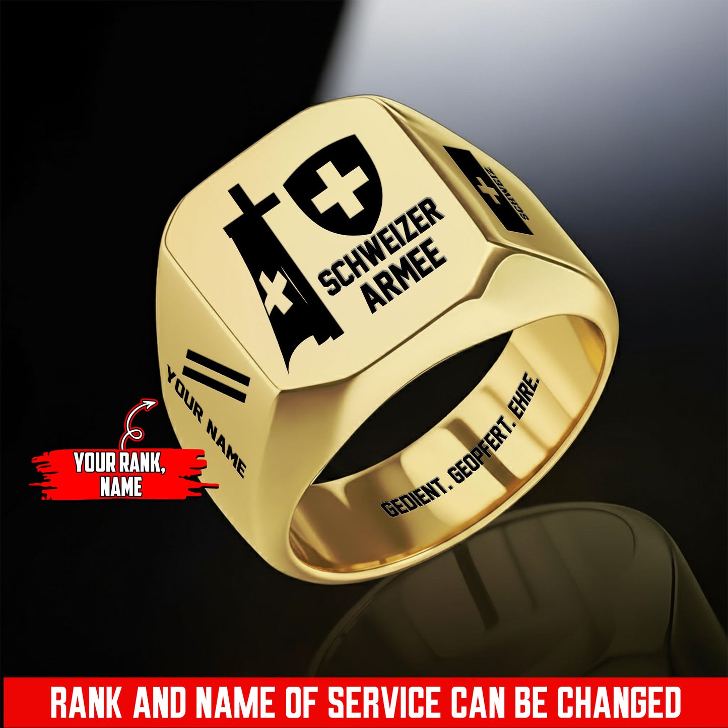 Personalized Swiss Soldier/Veteran with Name and Rank Engraved Men’s Ring - 17653248
