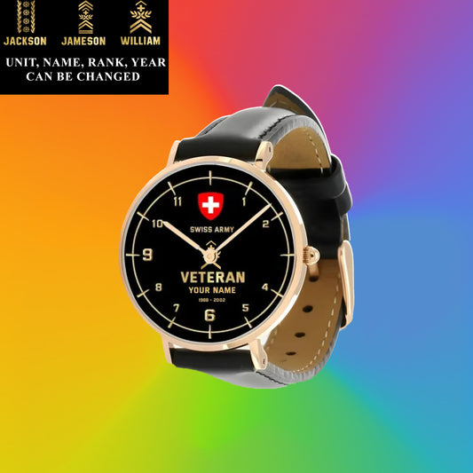 Personalized Swiss Soldier/ Veteran With Name, Rank and Year Black Stitched Leather Watch - 03052402QA - Gold Version
