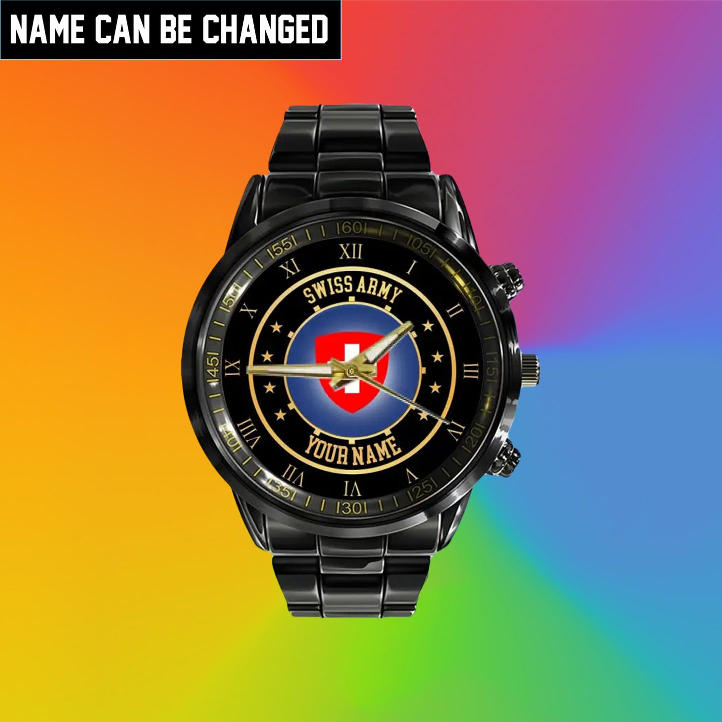 Personalized Swiss Soldier/ Veteran With Name Black Stainless Steel Watch - 17122752 - Gold Version