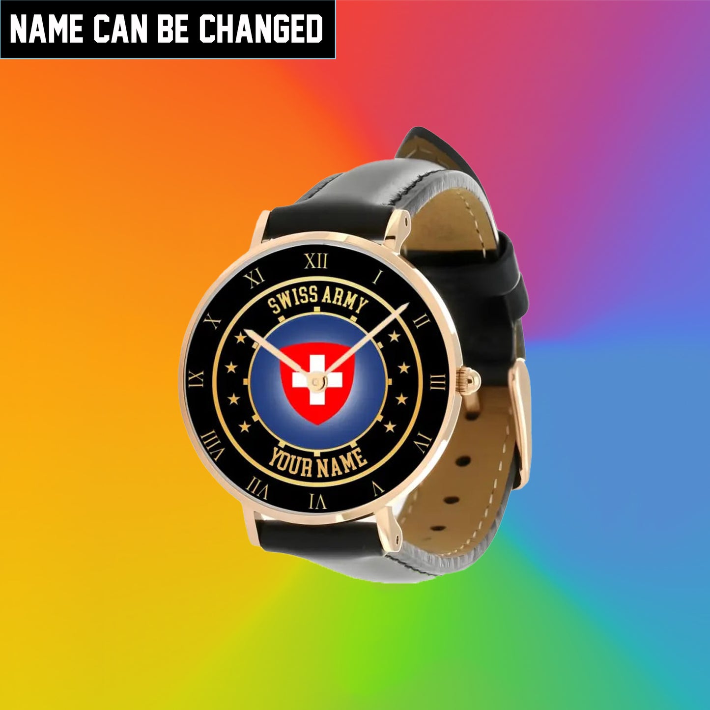 Personalized Swiss Soldier/ Veteran With Name Black Stitched Leather Watch - 17122752 - Gold Version