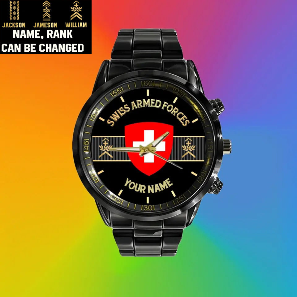 Montre personnalisée en acier inoxydable noir pour soldat/vétéran suisse avec nom et grade - 0703240001 - Version dorée