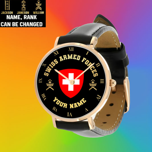 Personalized Swiss Soldier/ Veteran With Name And Rank Black Stitched Leather Watch - 0803240001 - Gold Version