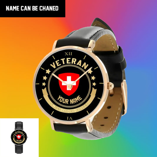 Personalized Swiss Soldier/ Veteran With Name Black Stitched Leather Watch - 1103240001 - Gold Version