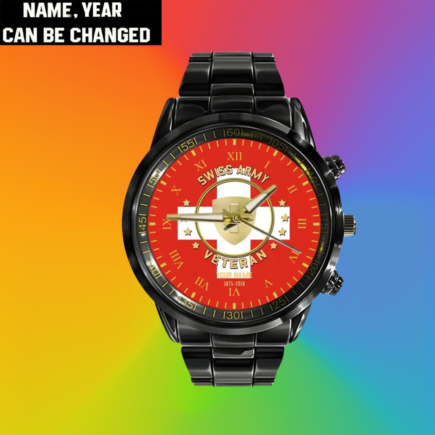 Personalized Swiss Soldier/ Veteran With Name And Rank Black Stainless Steel Watch - 17120160 - Gold Version