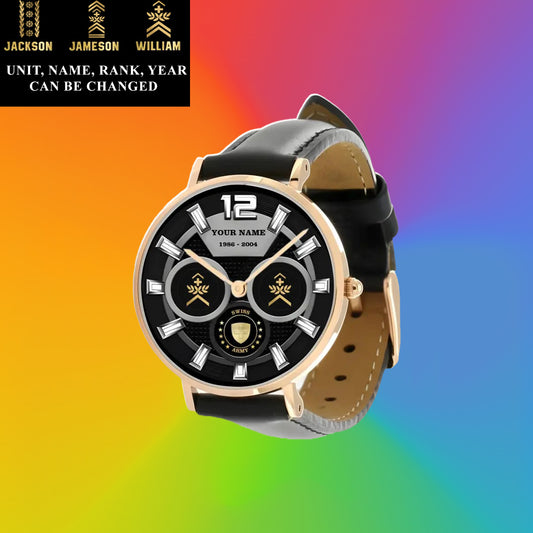 Personalized Swiss Soldier/ Veteran With Name, Rank and Year Black Stitched Leather Watch - 27042401QA - Gold Version