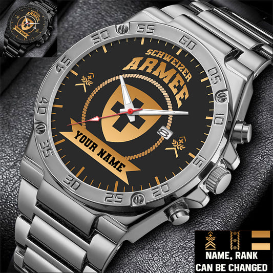 Personalized Swiss Soldier/ Veteran With Name And Rank Gentleman Stainless Steel Watch - 17424288