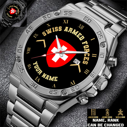 Personalized Swiss Soldier/ Veteran With Name And Rank Gentleman Stainless Steel Watch - 17388864