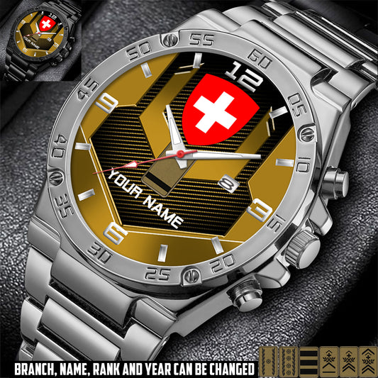 Personalized Swiss Soldier/ Veteran With Name And Rank Gentleman Stainless Steel Watch - 17485632