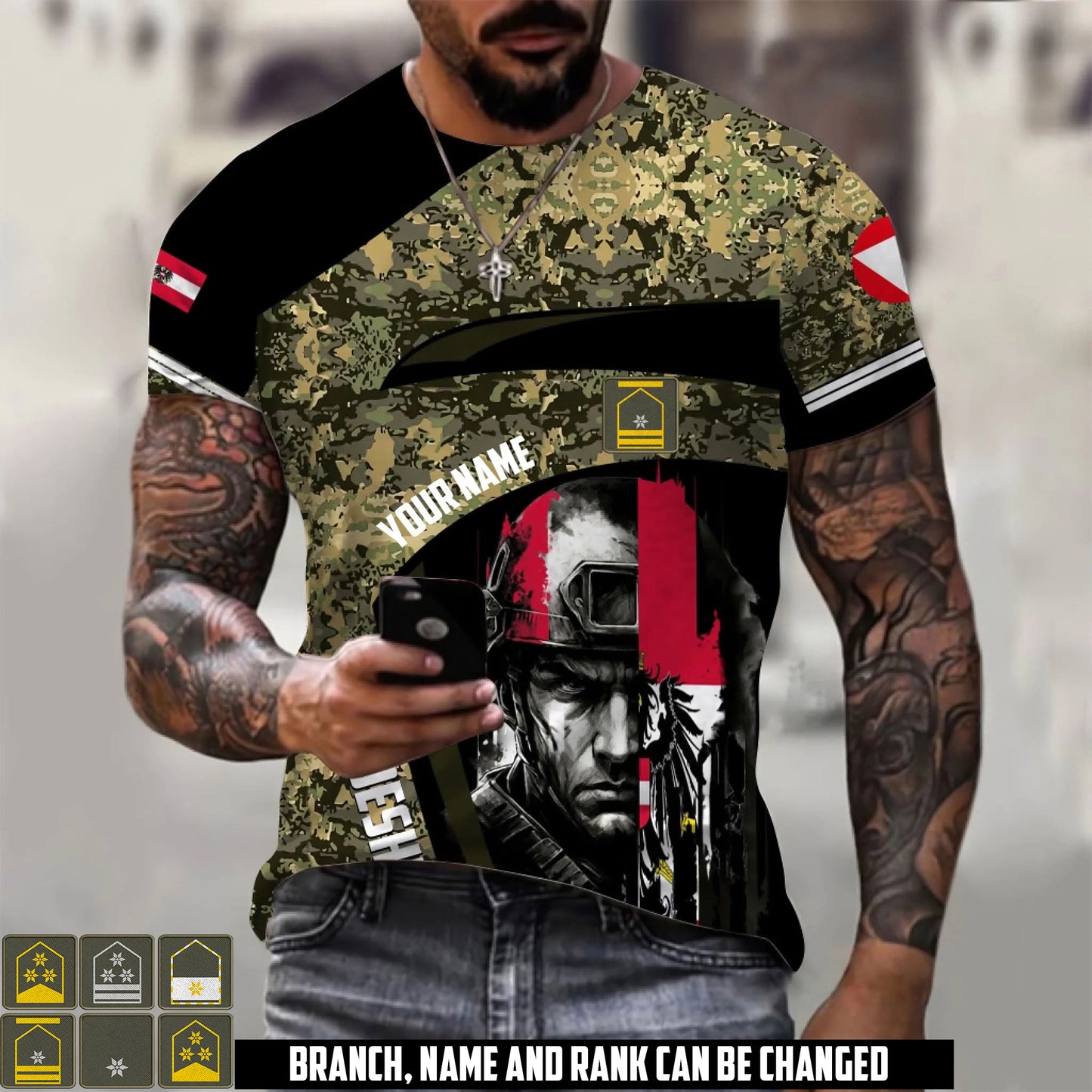 Personalized Austria Soldier/Veteran Camo with Name & Rank T-Shirt All Over Printed -17670528