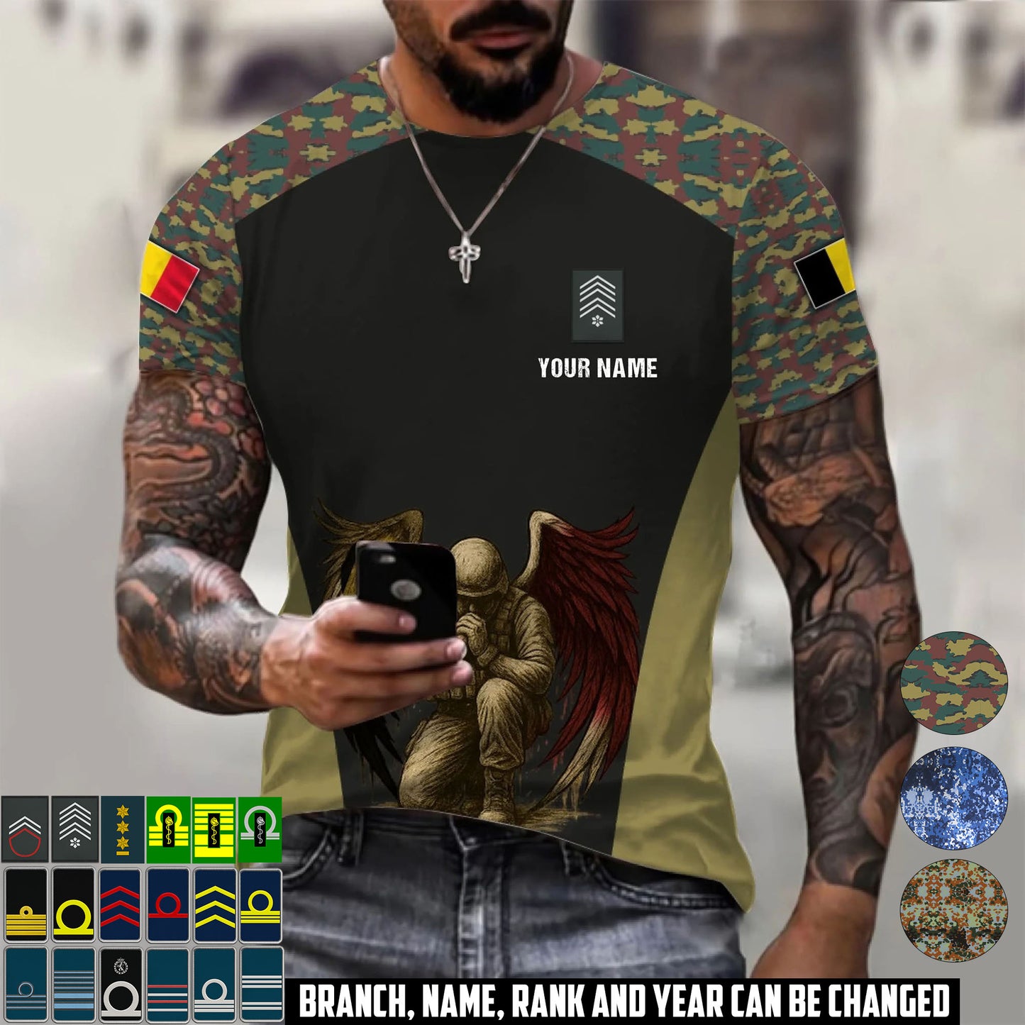 Personalized Belgium Soldier/Veteran Camo with Name & Rank T-Shirt All Over Printed - 17669664